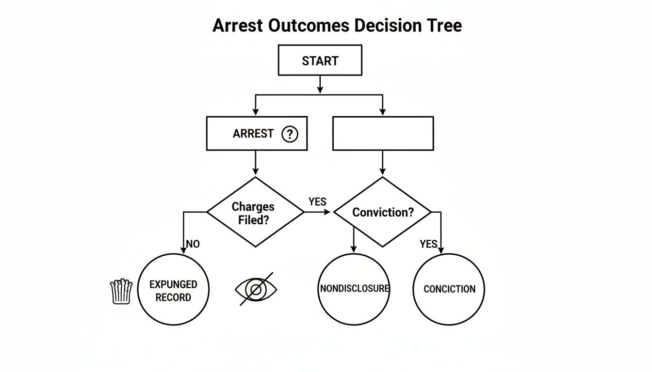 Arrest outcomes decision tree illustrating paths to expunged record, nondisclosure, or conviction after a Texas arrest.