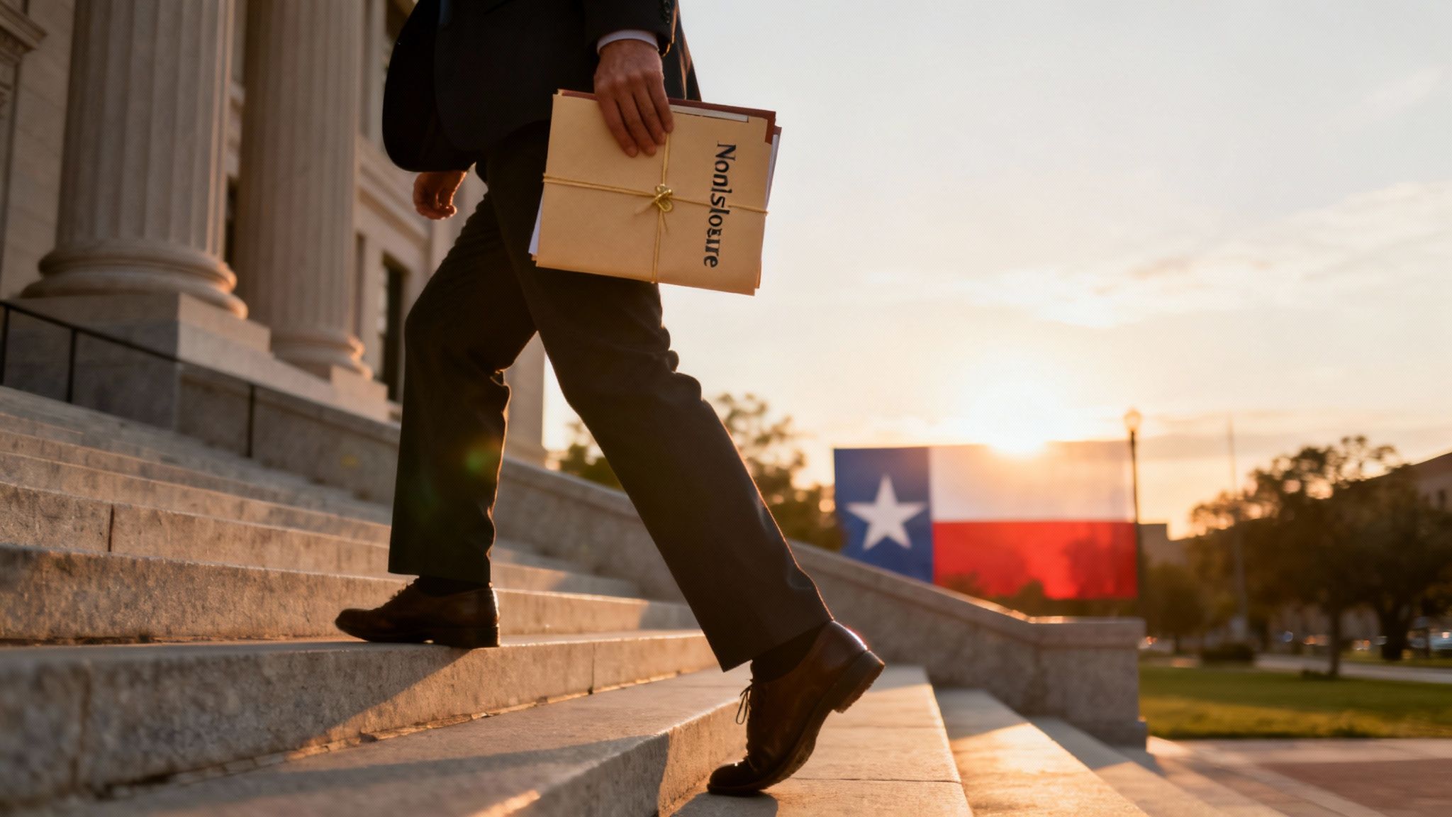 Man in business attire walking down courthouse steps holding a document labeled "Nondisclosure," with Texas flag and sunset in the background, symbolizing legal processes for sealing criminal records in Texas.