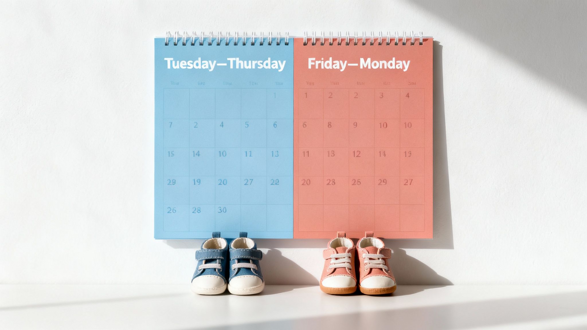 A calendar showing a split 50/50 custody schedule (Tuesday-Thursday, Friday-Monday) with two pairs of baby shoes.