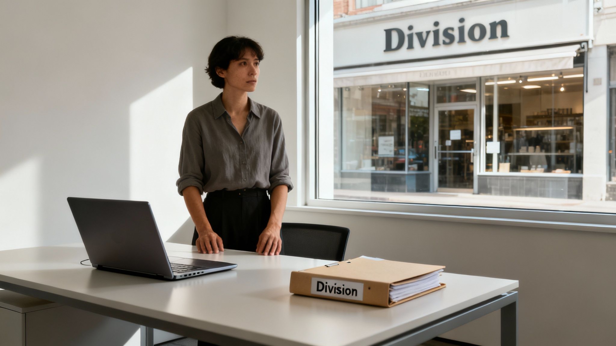 A person sitting at a desk with business documents, looking stressed, symbolizing the challenges of divorcing with a business.
