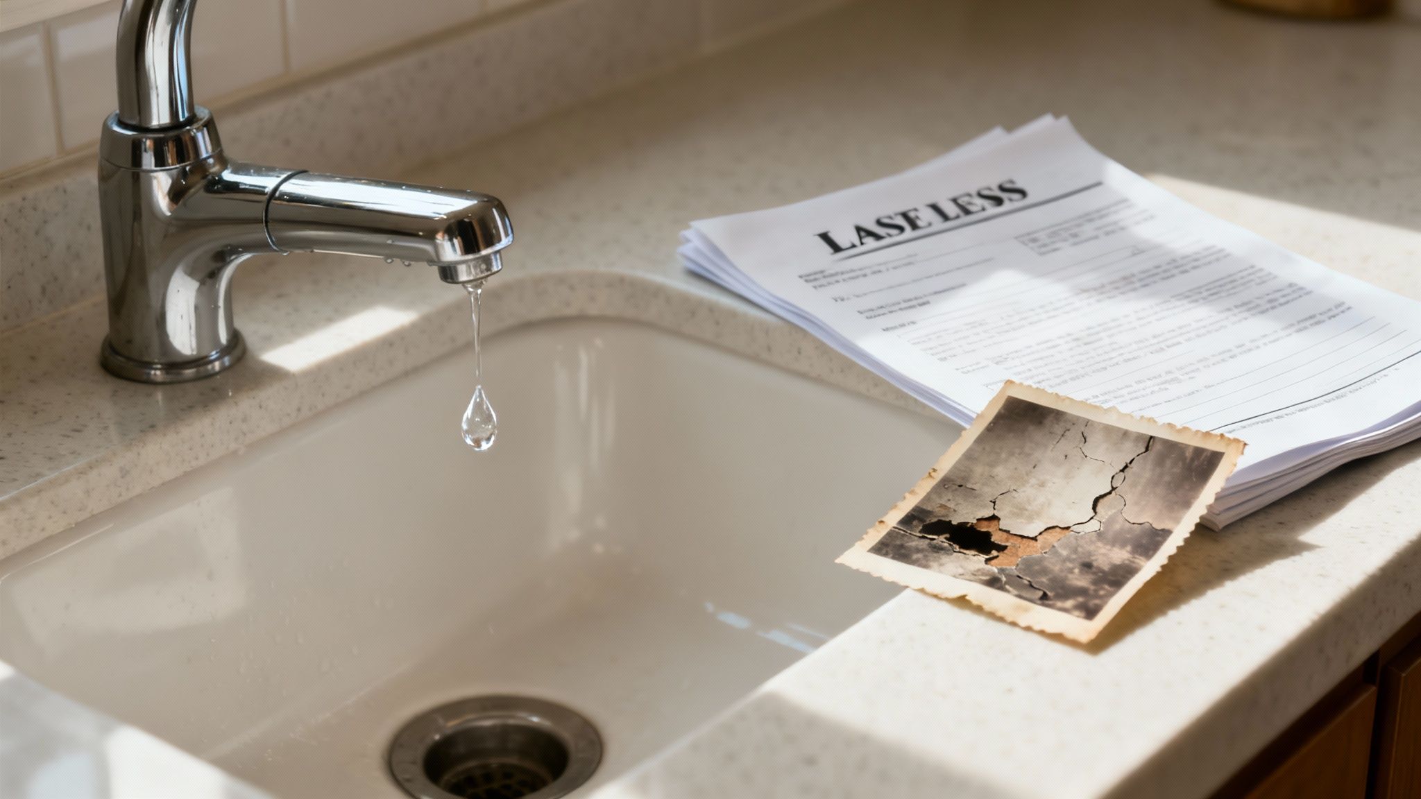 Dripping kitchen faucet beside eviction notice and damaged photo, illustrating landlord responsibilities and tenant rights in Texas.