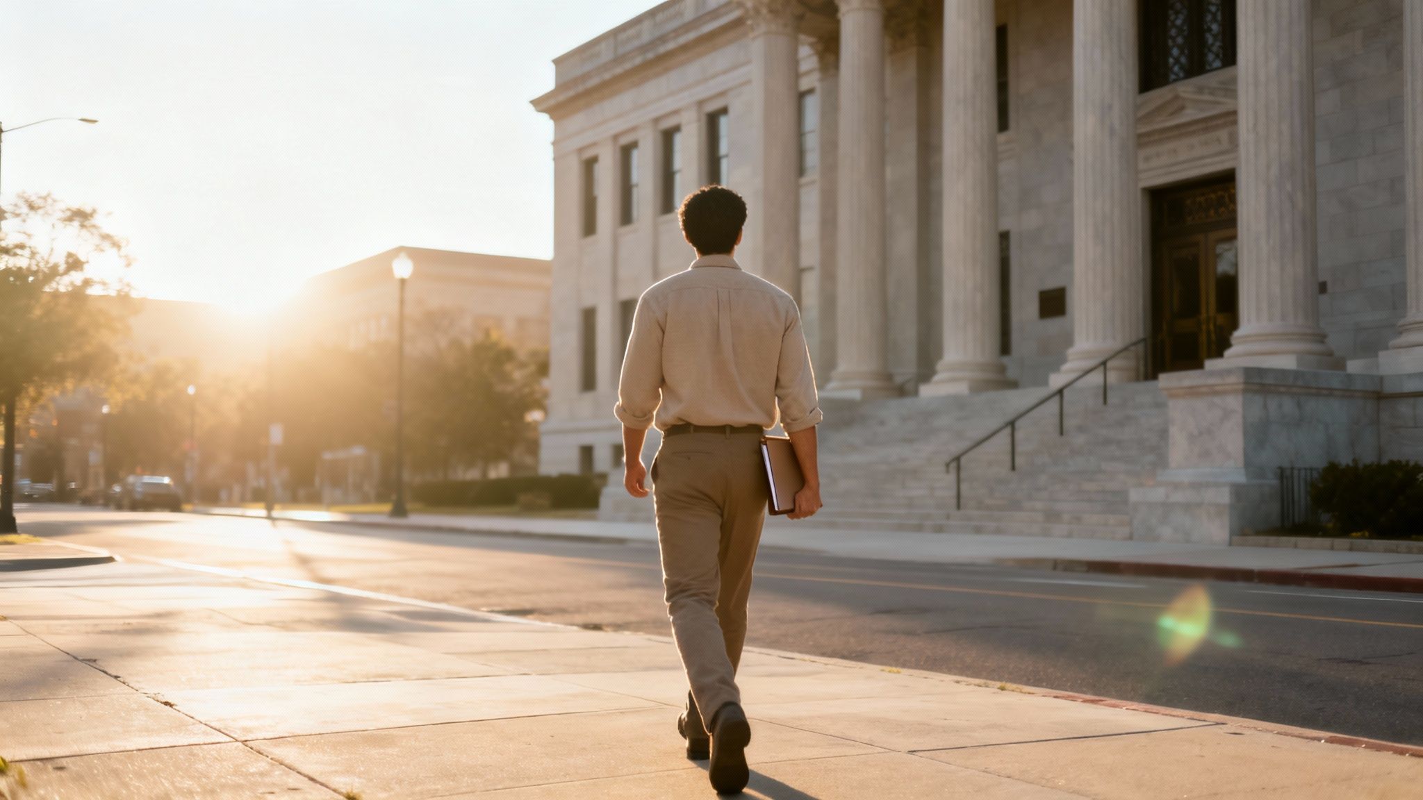 Rear view of a man carrying a folder, walking towards a grand building with columns at sunset.