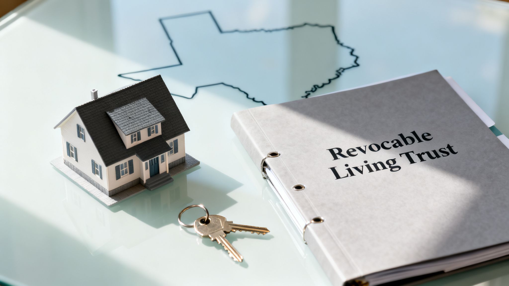 Miniature house, keys, and a 'Revocable Living Trust' binder on a table with a Texas outline.
