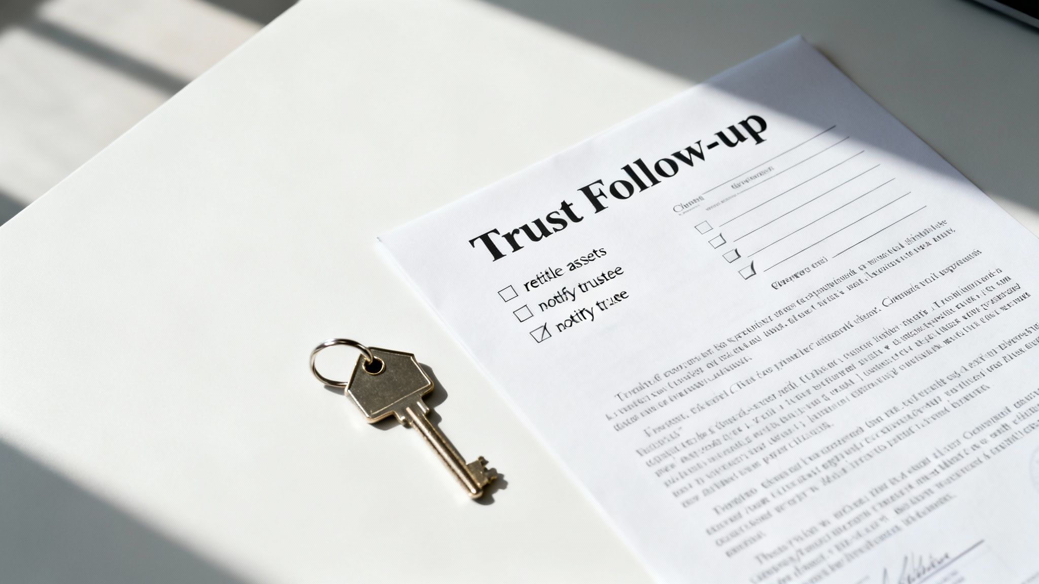 Close-up of a 'Trust Follow-up' document with checkboxes and a golden key, symbolizing trust management.