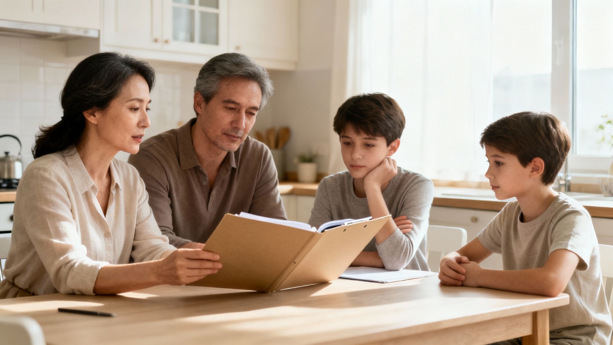 Family discussing estate planning documents at a kitchen table, emphasizing communication and clarity for blended families.