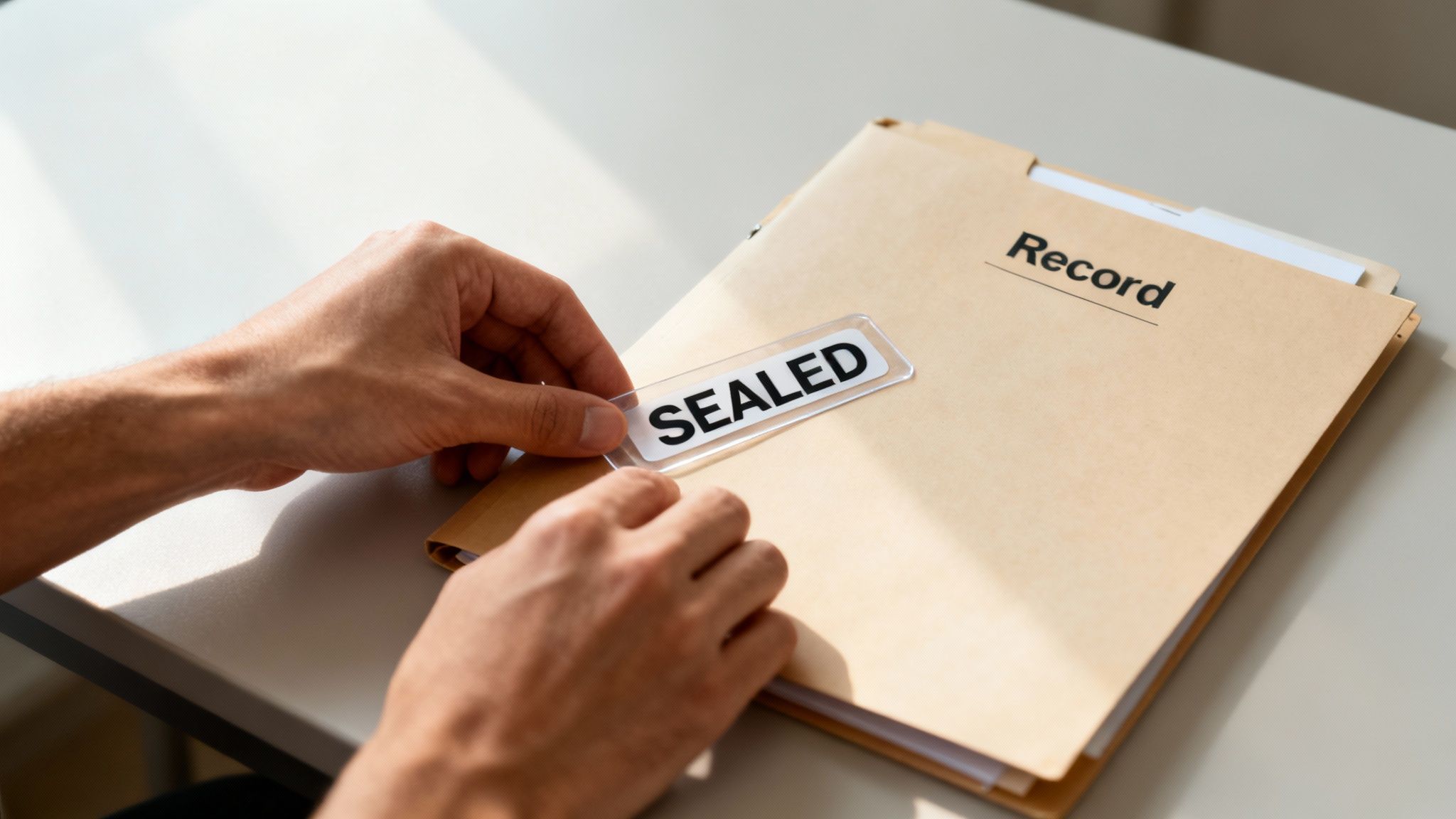 Hand placing a "SEALED" label on a file folder marked "Record," symbolizing the sealing of a first-time assault charge in Texas.