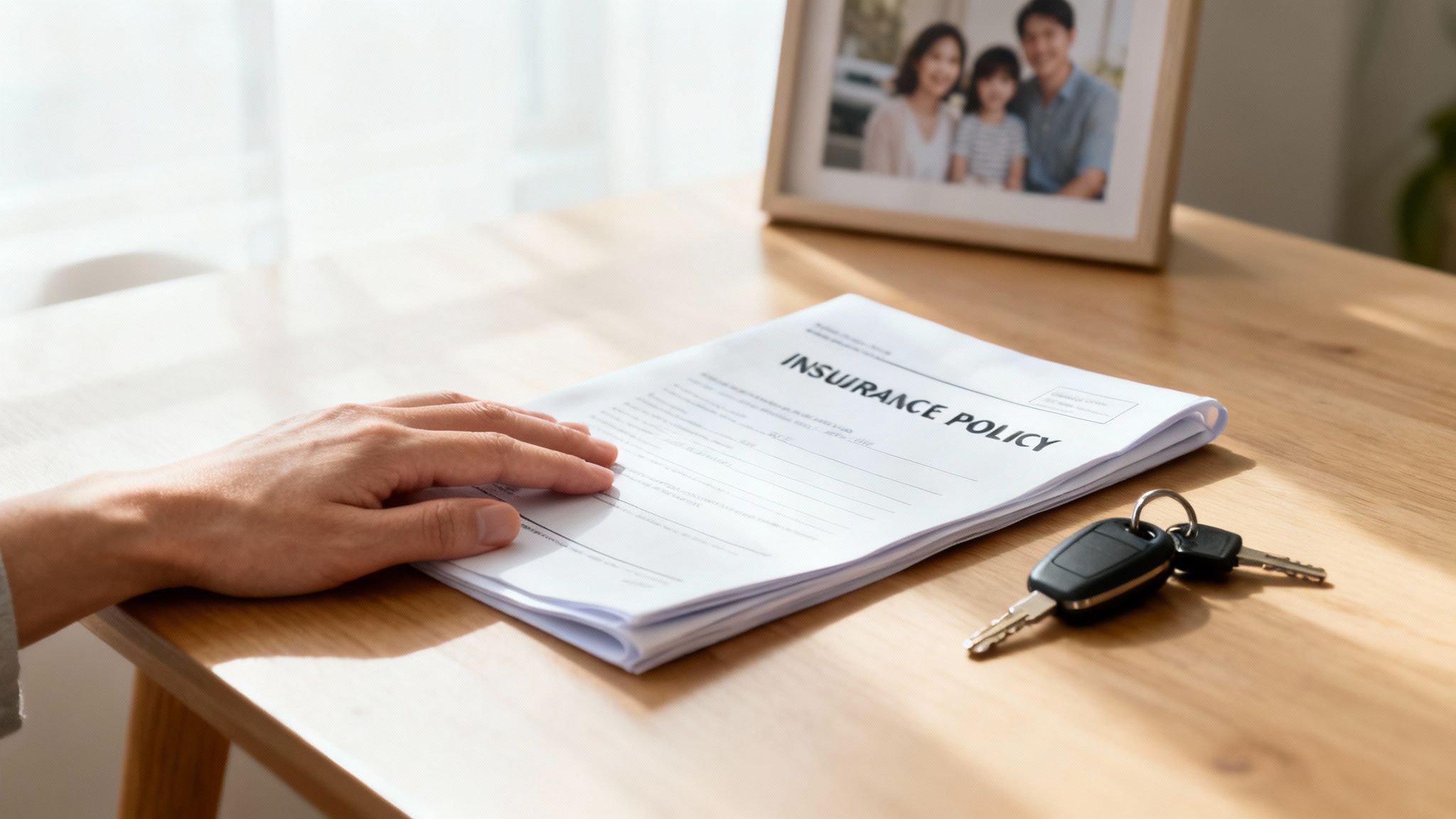 A hand rests on an insurance policy document next to car keys and a family photo.