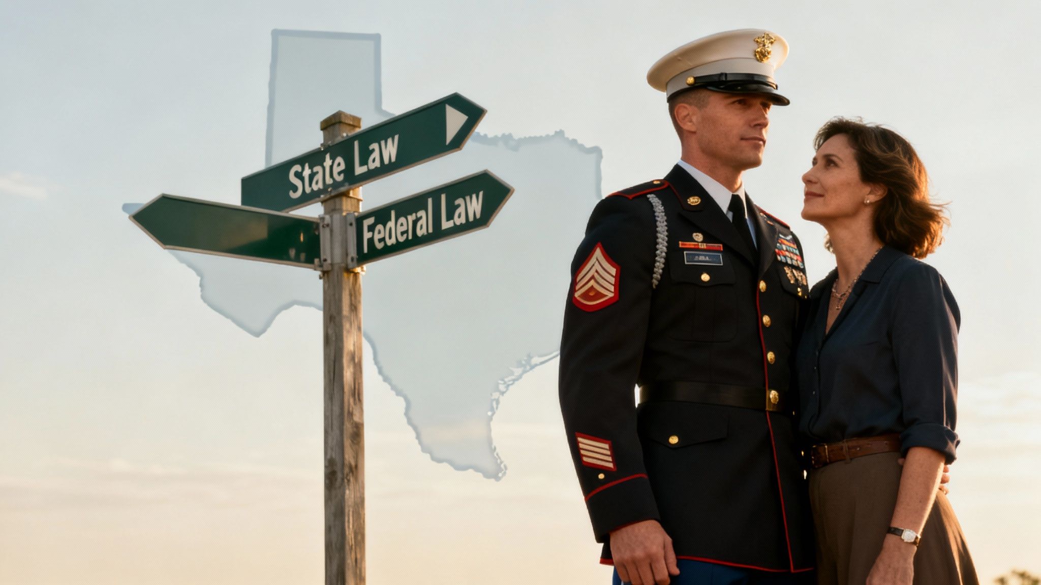 Military couple standing together, with directional signs for "State Law" and "Federal Law" in the background, symbolizing the complexities of military divorce in Texas.
