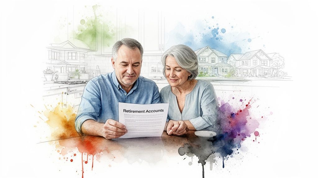 An older couple reviews a document titled 'Retirement Accounts' at a table, with sketched houses.