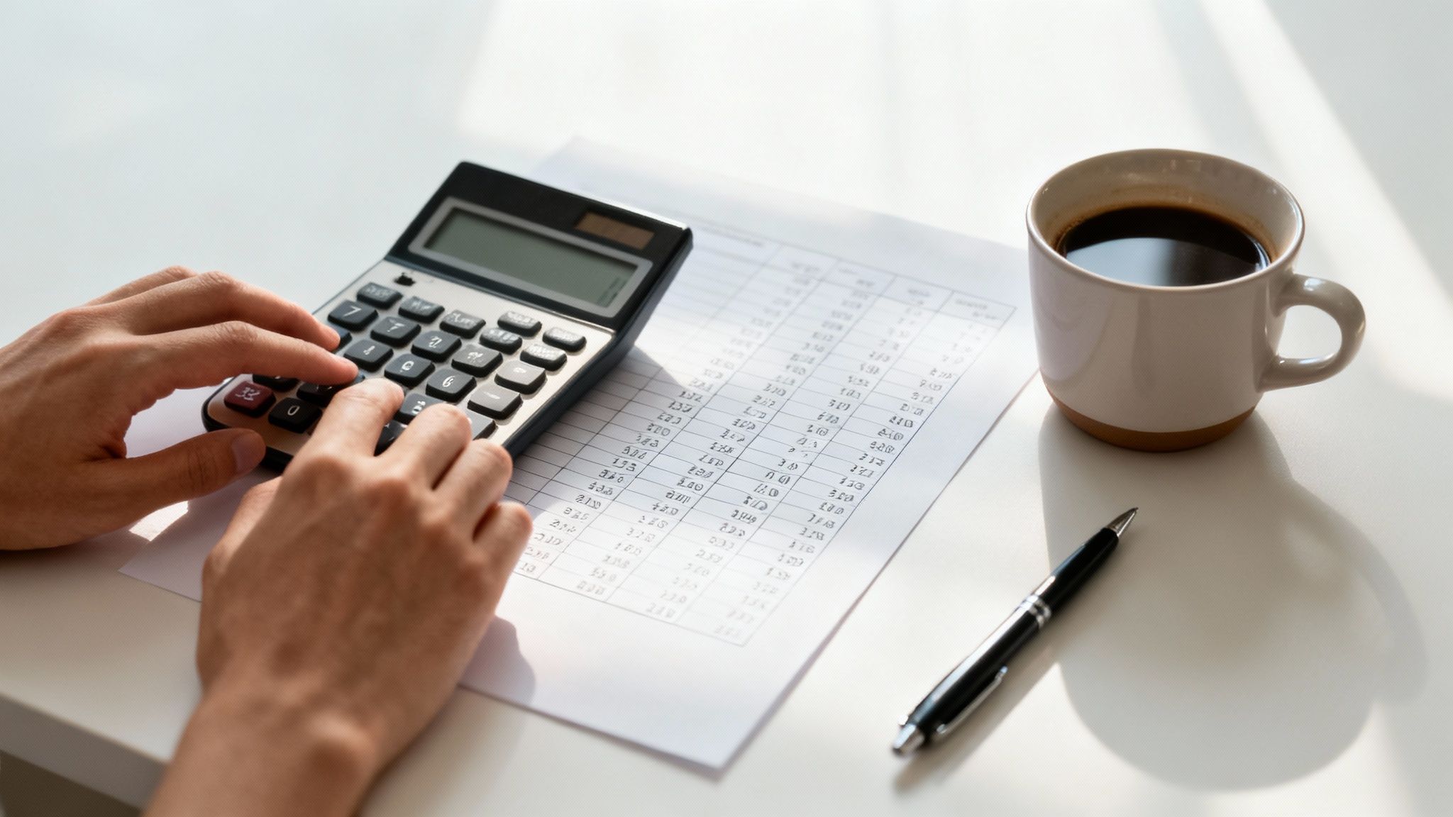 Person using calculator to review financial documents and spreadsheets on desk with coffee