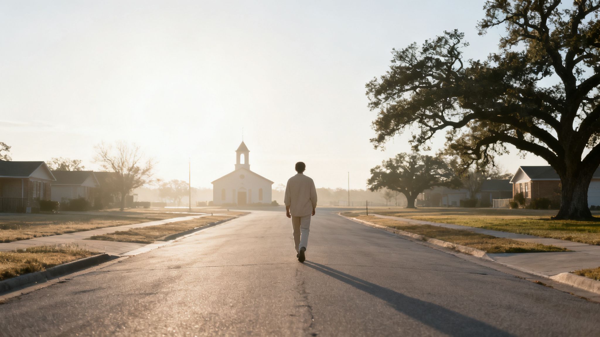 A person walks down a sunlit road towards a distant white church in a quiet town.