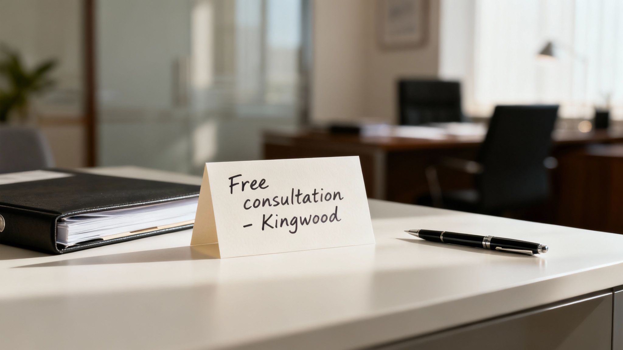 Free consultation sign on a desk in a law office, emphasizing estate planning services in Kingwood.