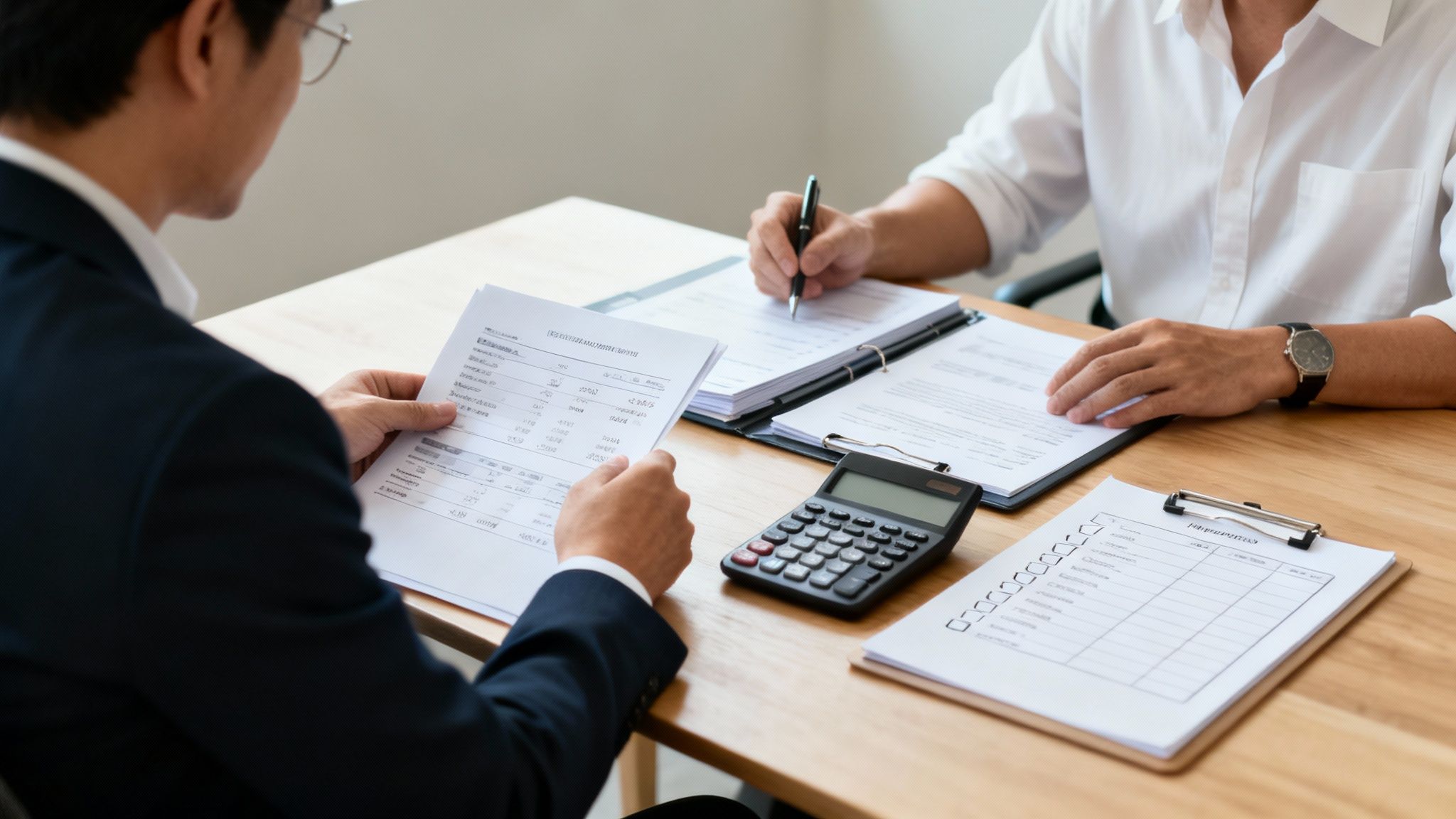 Two people review financial documents and calculations at a desk during a business or consultation meeting.