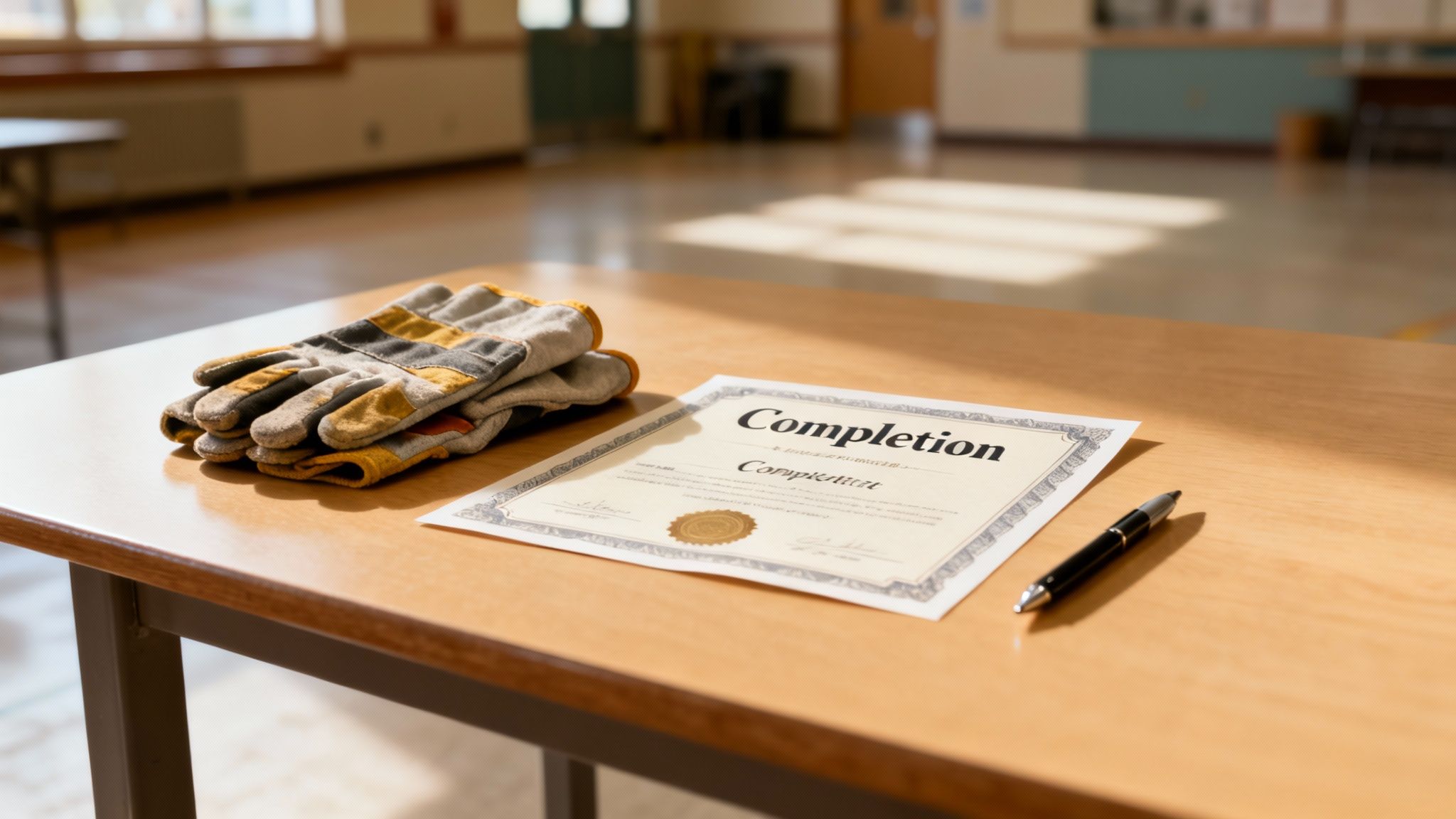 A pair of work gloves, a 'Completion' certificate, and a pen on a light wooden table.