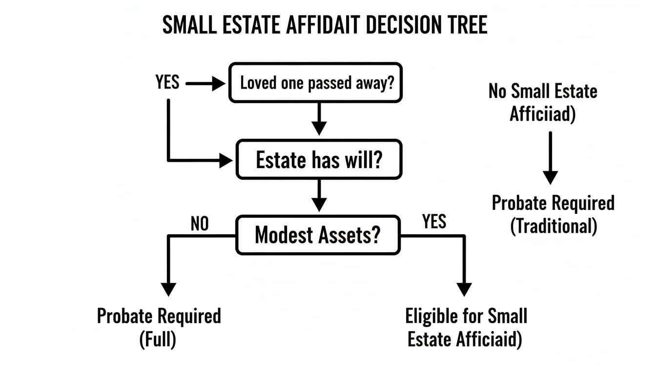 Decision tree flowchart outlining the steps to determine eligibility for a small estate affidavit based on assets and will.