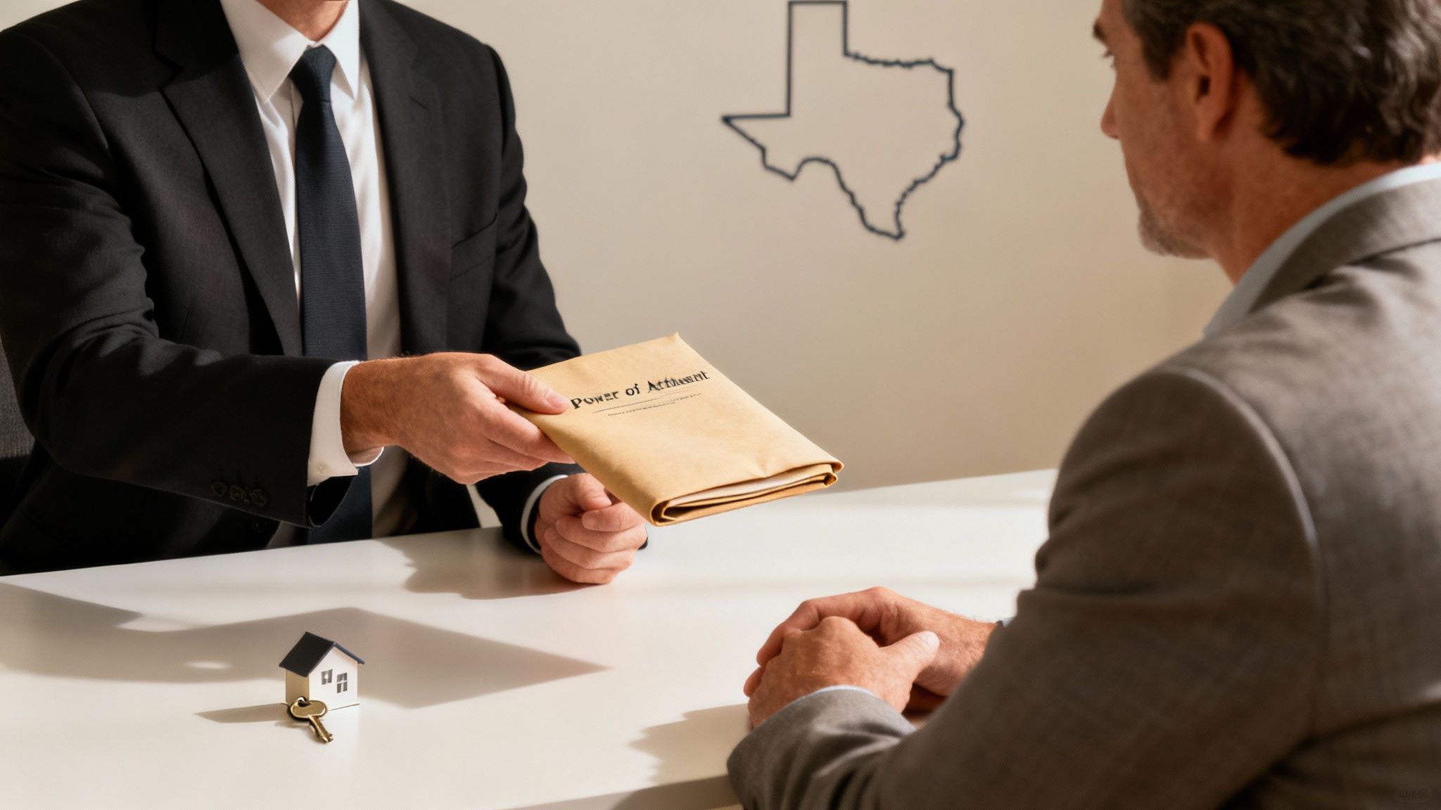 Professional in suit handing over a Power of Attorney document to a client, with a miniature house and key on the table, Texas outline in background, symbolizing estate planning and legal authority.