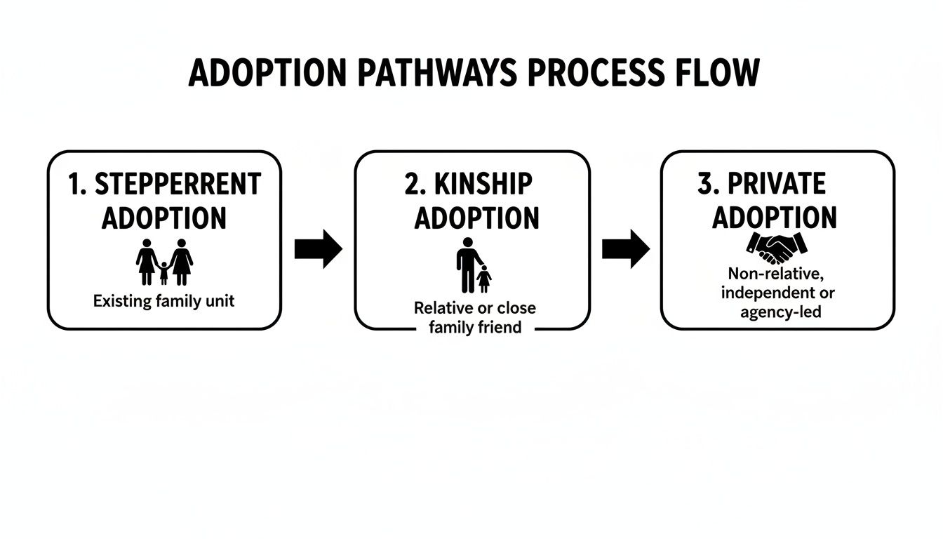 Flowchart illustrating three adoption pathways: Stepperrent, Kinship, and Private, with descriptions and icons for each type.