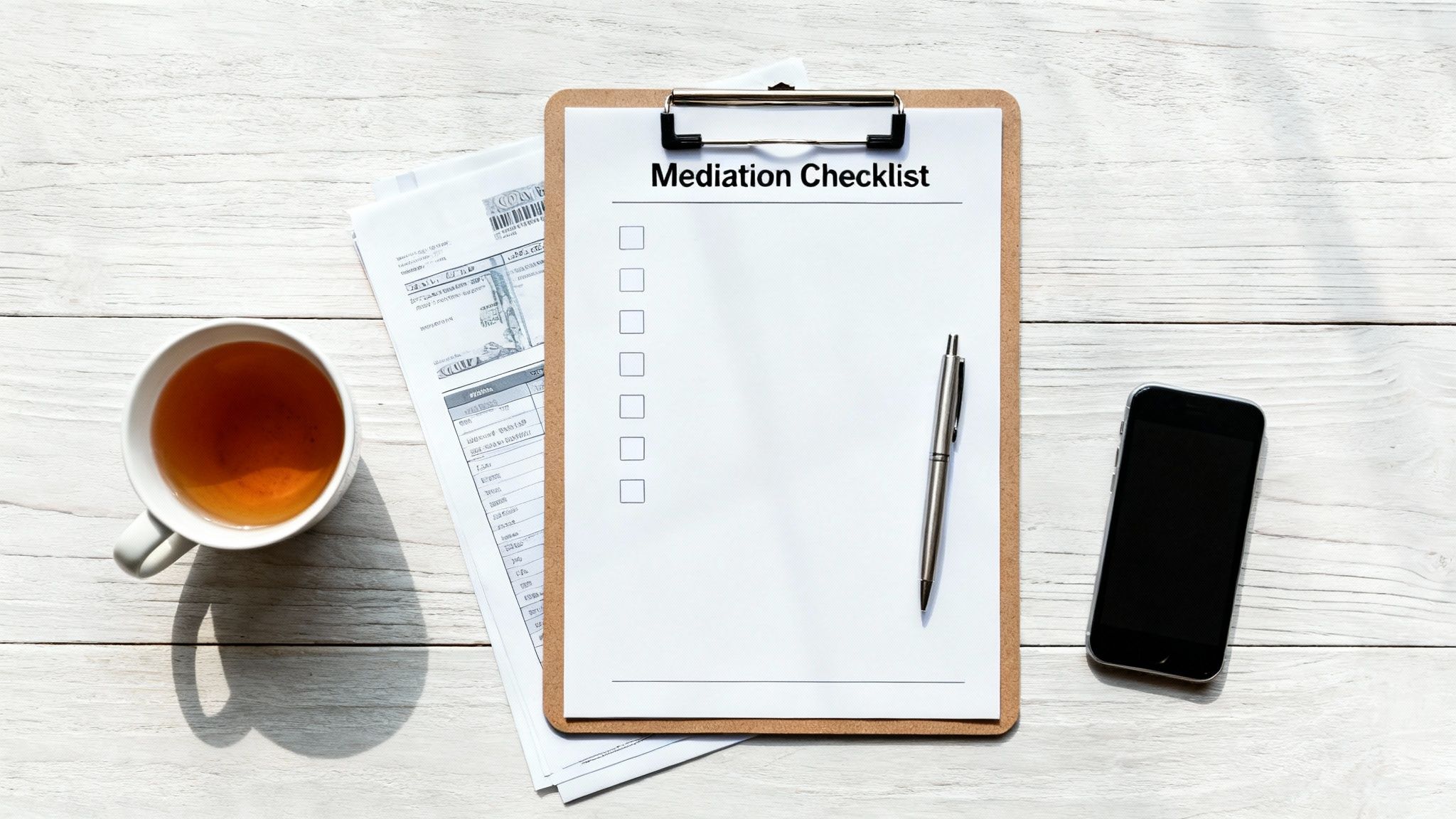 Mediation checklist on a clipboard, with a pen, tea cup, papers, and smartphone on a white desk.