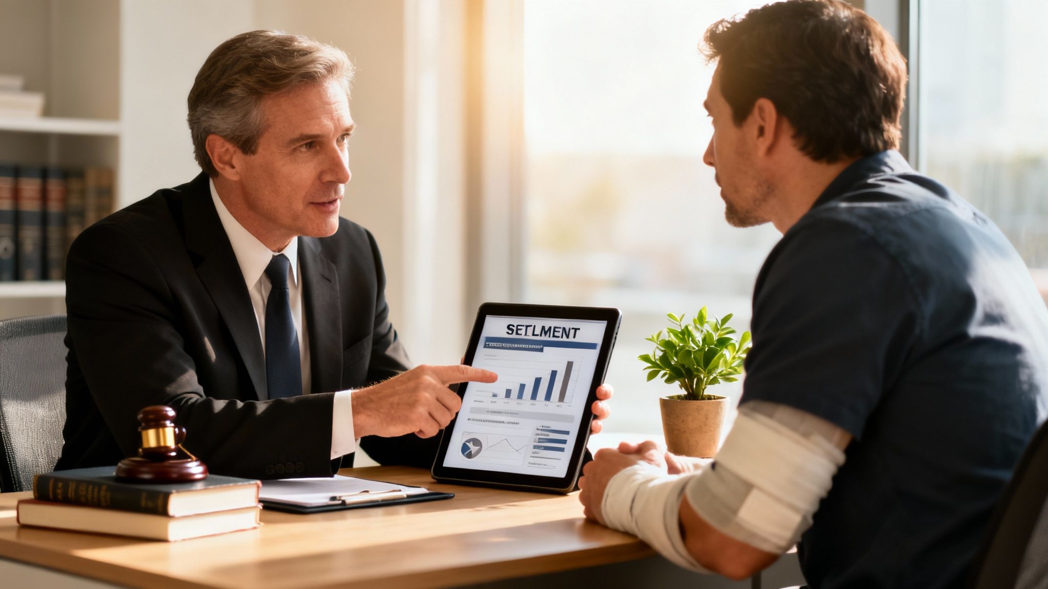A lawyer discusses a settlement proposal with a client who has a bandaged arm, showing charts on a tablet.