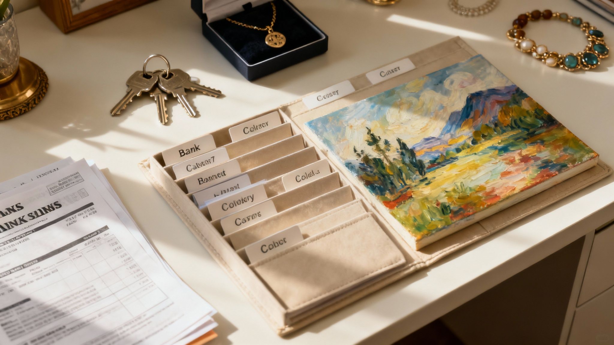 Una persona organizando cuidadosamente documentos y objetos de valor en un escritorio de madera.