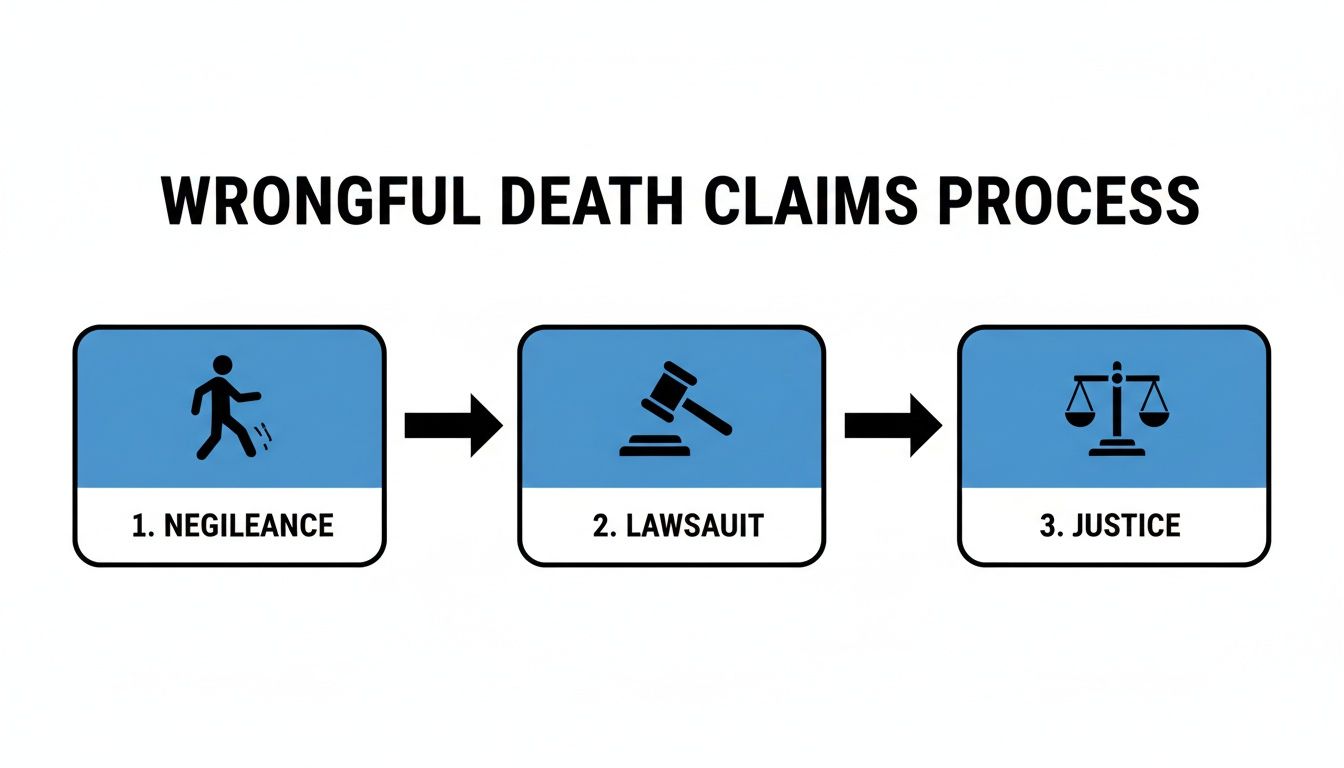 A flowchart illustrating the wrongful death claims process: negligence, lawsuit, and justice.