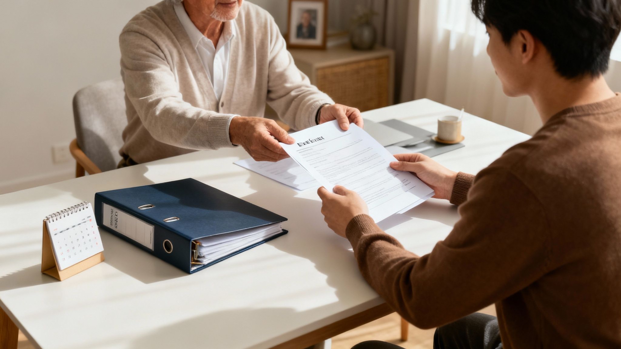 An older man hands a document with 'Resume' text to a younger man across a table.