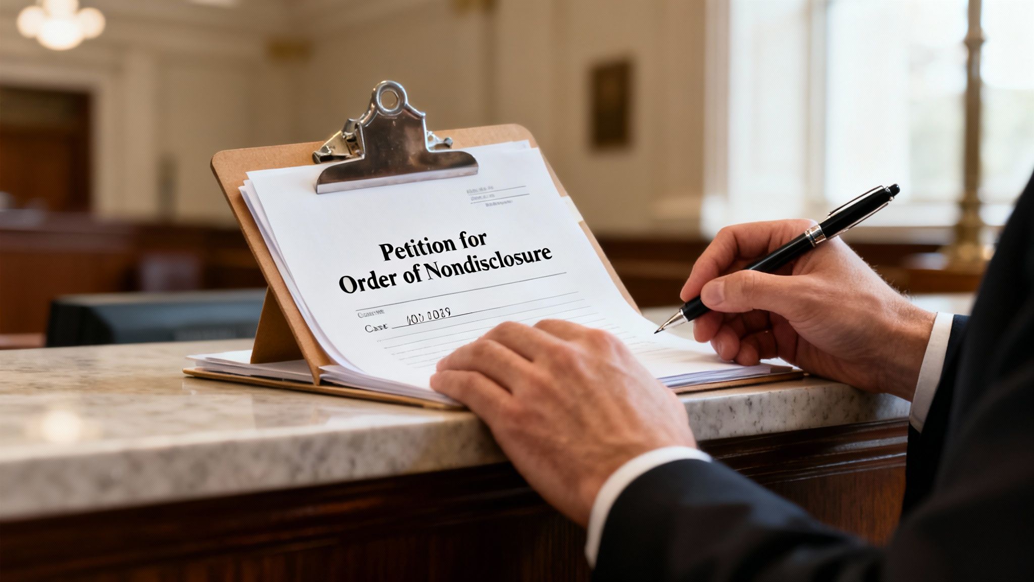A person's hands signing a 'Petition for Order of Nondisclosure' document on a clipboard.