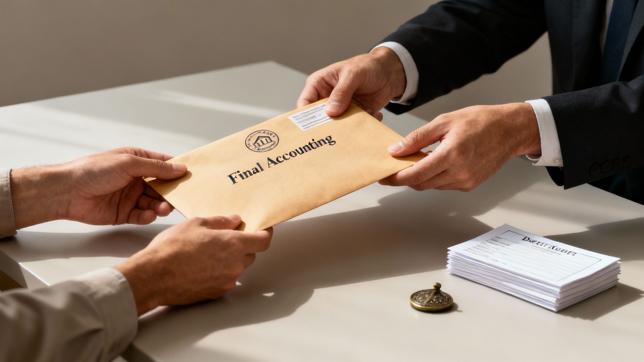 Two people shaking hands over a table with documents and a pen.