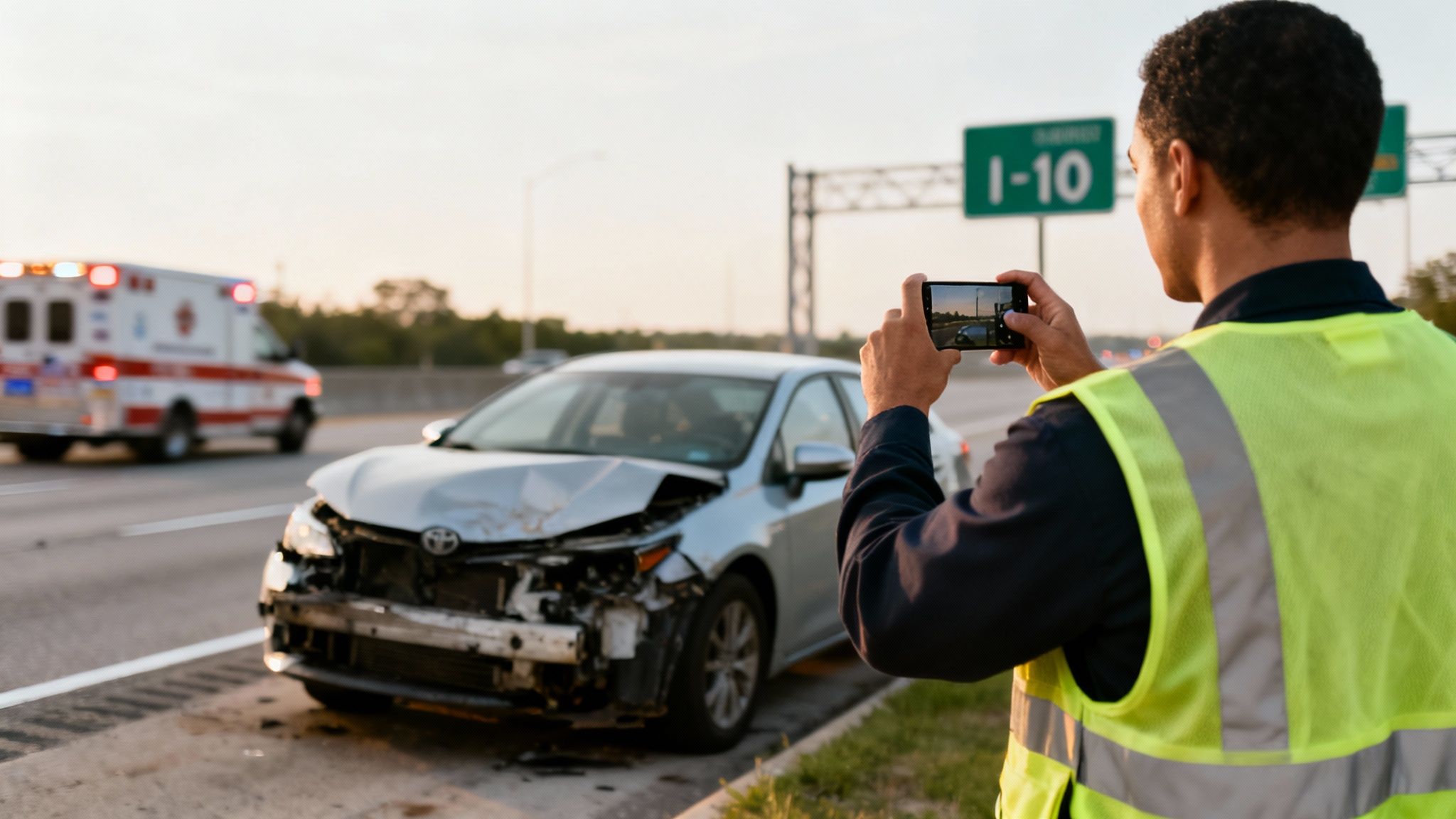 A man in a safety vest photographs a wrecked car on the highway shoulder, with an ambulance in the background.