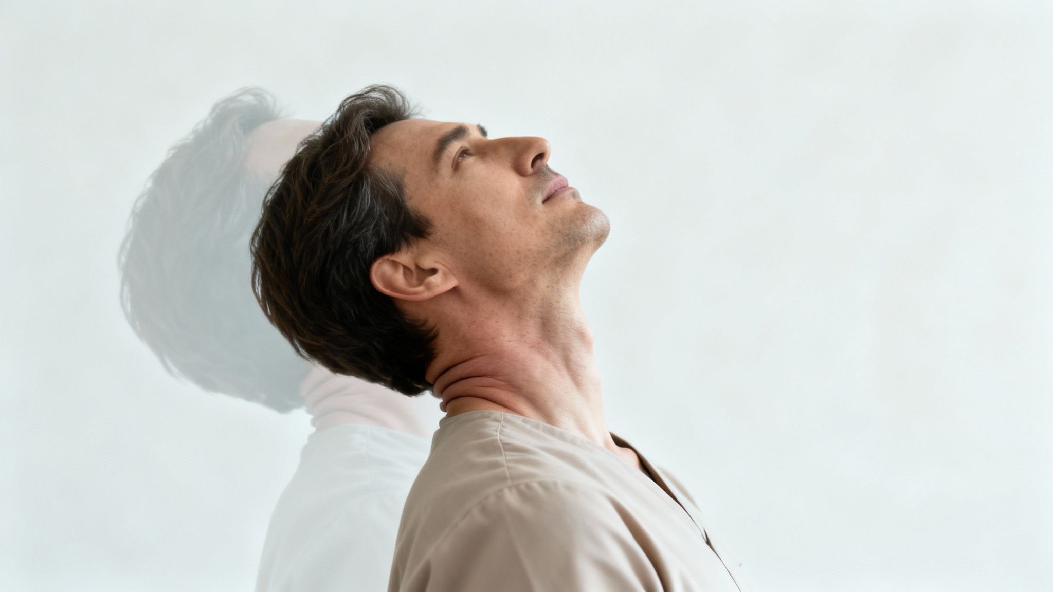 A man stretches his neck upwards, with a blurred image behind, suggesting neck movement for recovery.