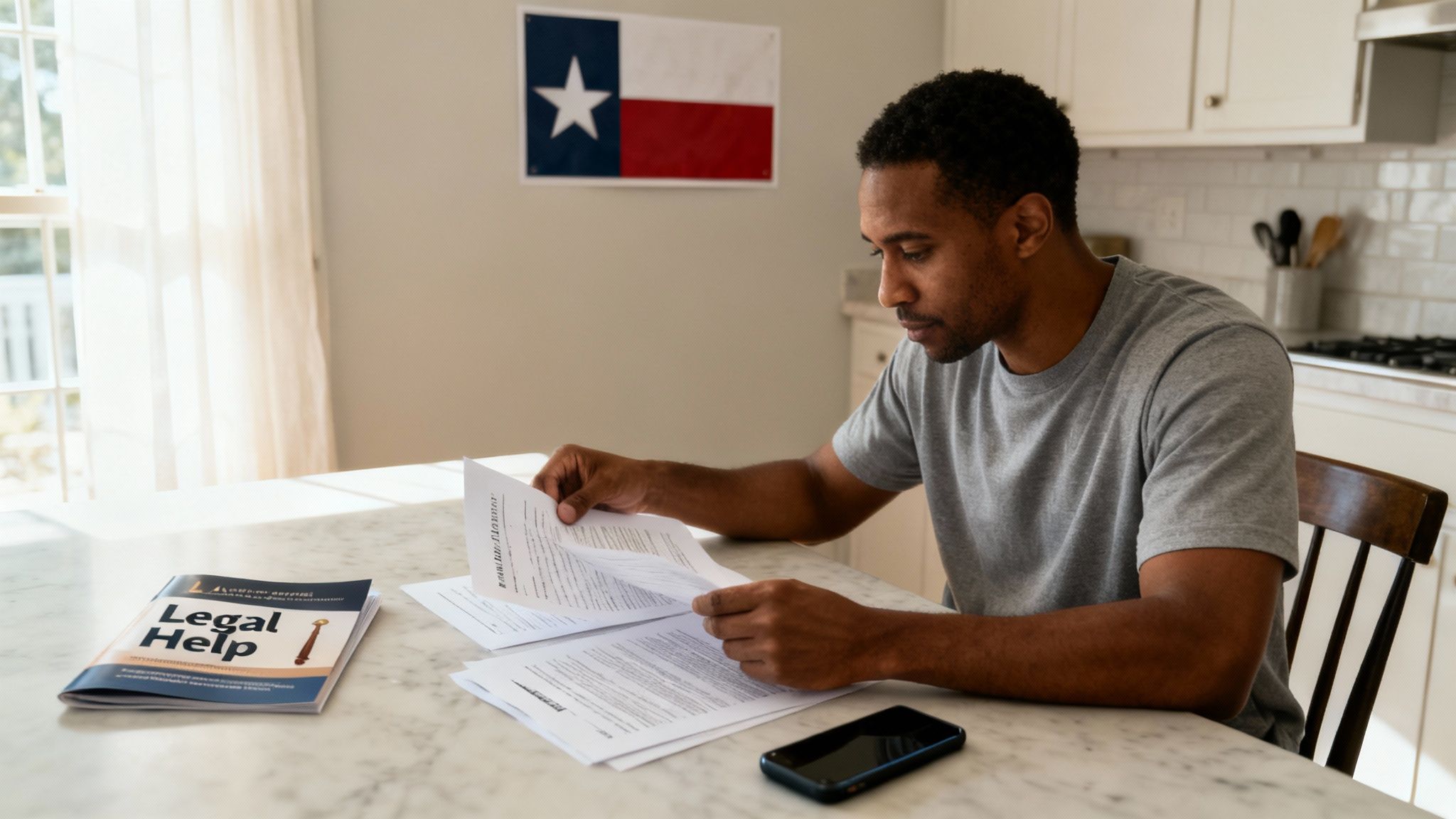 A man sits at a table, intently reviewing legal documents with a 'Legal Help' booklet and Texas flag.