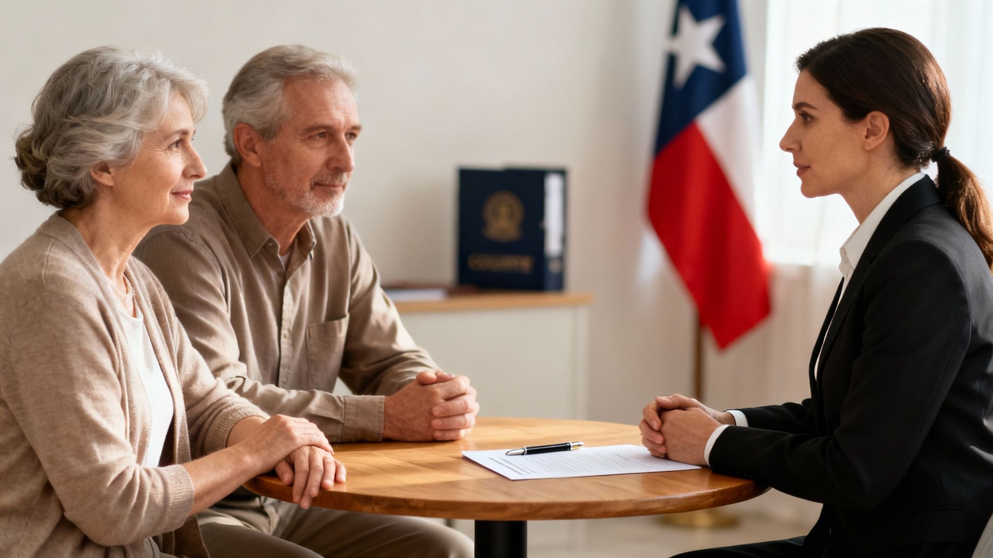 Senior couple consults with a female lawyer at a table, discussing legal documents.