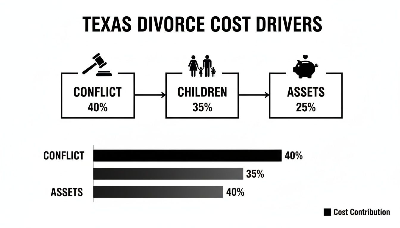 Infographic illustrating Texas divorce cost drivers: conflict, children, and assets by percentage.