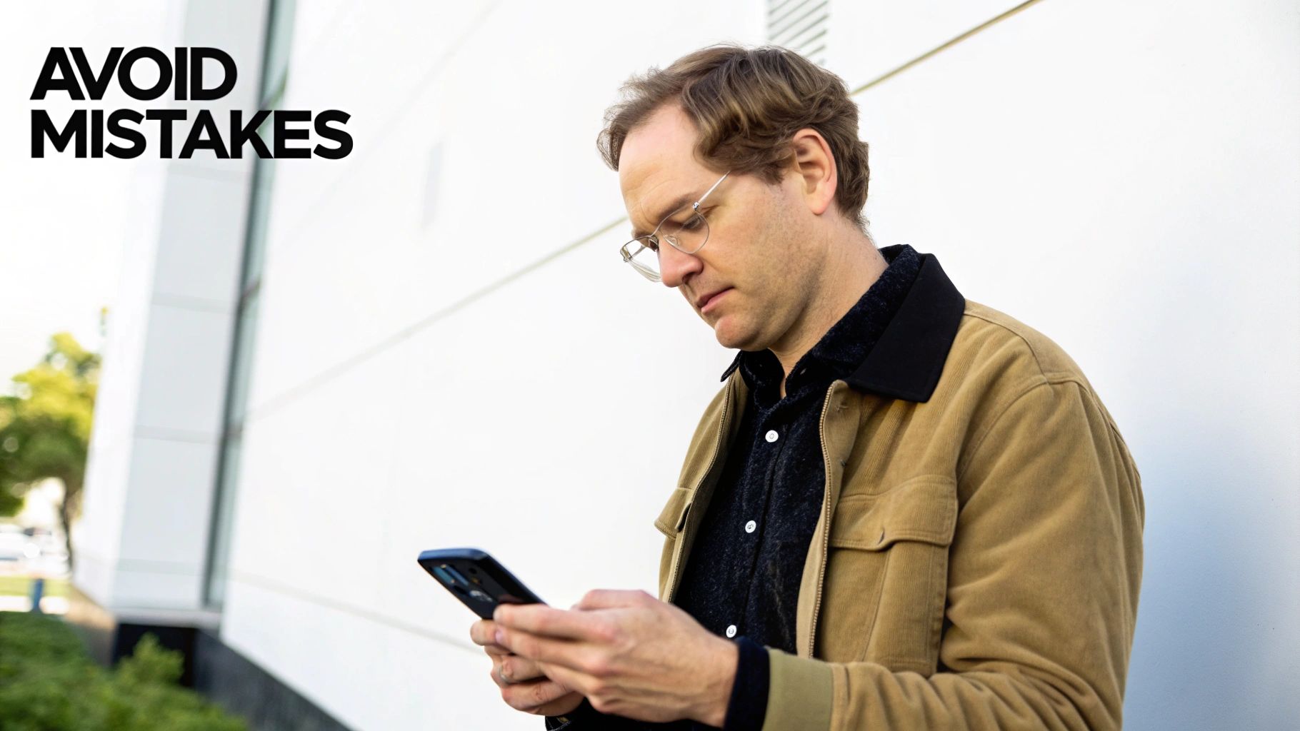 A man in a brown jacket and glasses intently looking down at his smartphone outdoors.