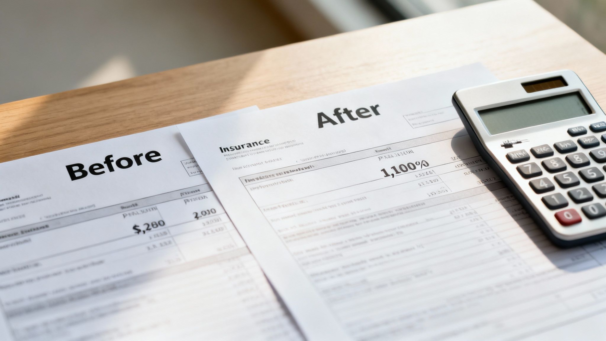 Documents labeled 'Before' and 'After' showing financial or insurance changes, with a calculator.