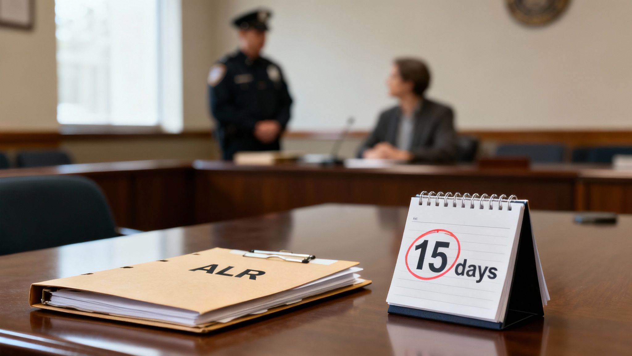 ALR hearing setting with a calendar marked "15 days" and a folder labeled "ALR," symbolizing critical timelines in DWI legal proceedings.