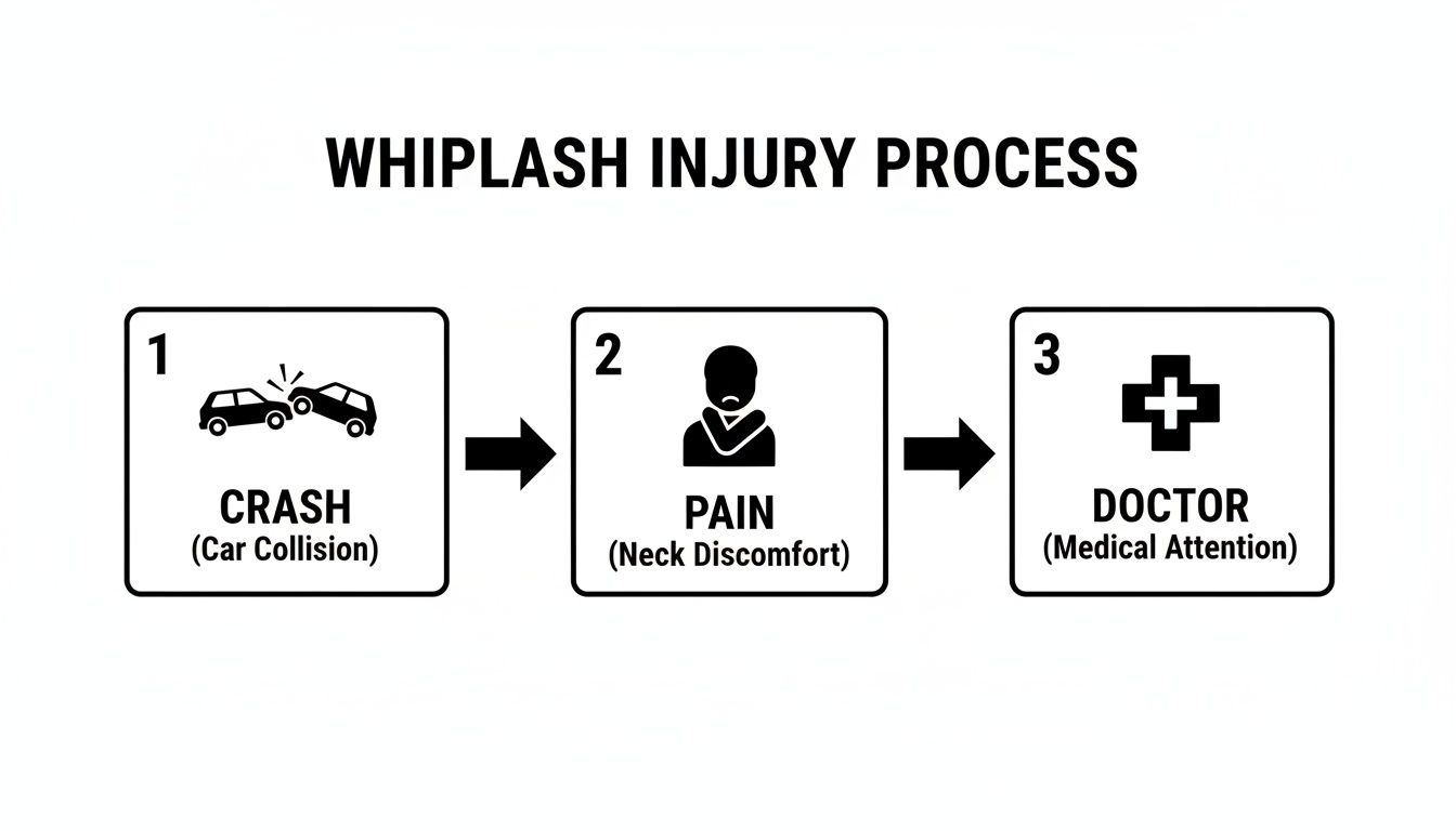Flowchart illustrating the whiplash injury process from car collision to neck pain and medical attention.