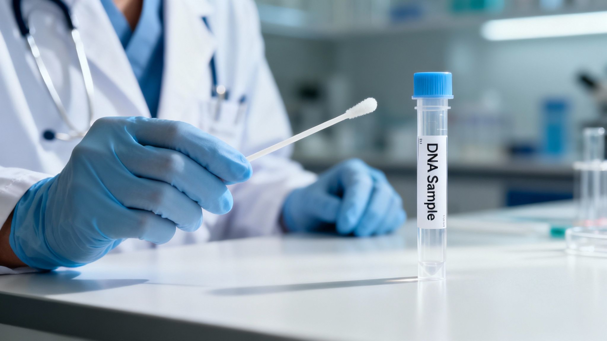 A scientist looking at a DNA sample in a lab.