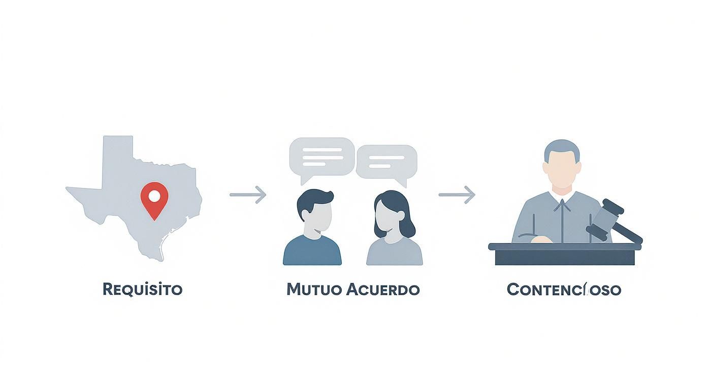 Infografía del camino hacia el divorcio en Texas: requisitos, acuerdo amigable o litigio.