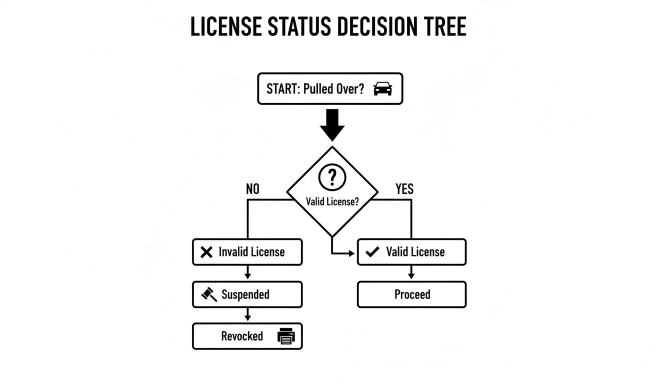 A decision tree flowchart illustrating license status process after being pulled over, leading to valid or invalid outcomes.