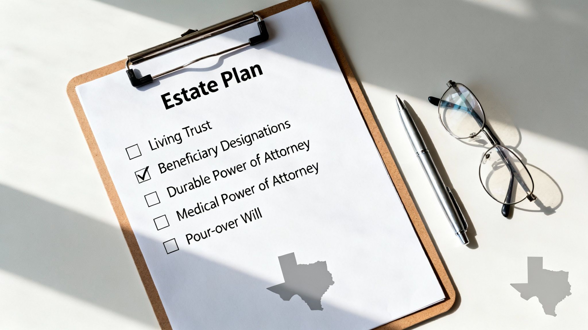 Estate plan checklist on clipboard with checked beneficiary designations, including living trust, durable power of attorney, medical power of attorney, and pour-over will, alongside glasses and pen, with Texas outline in corner.