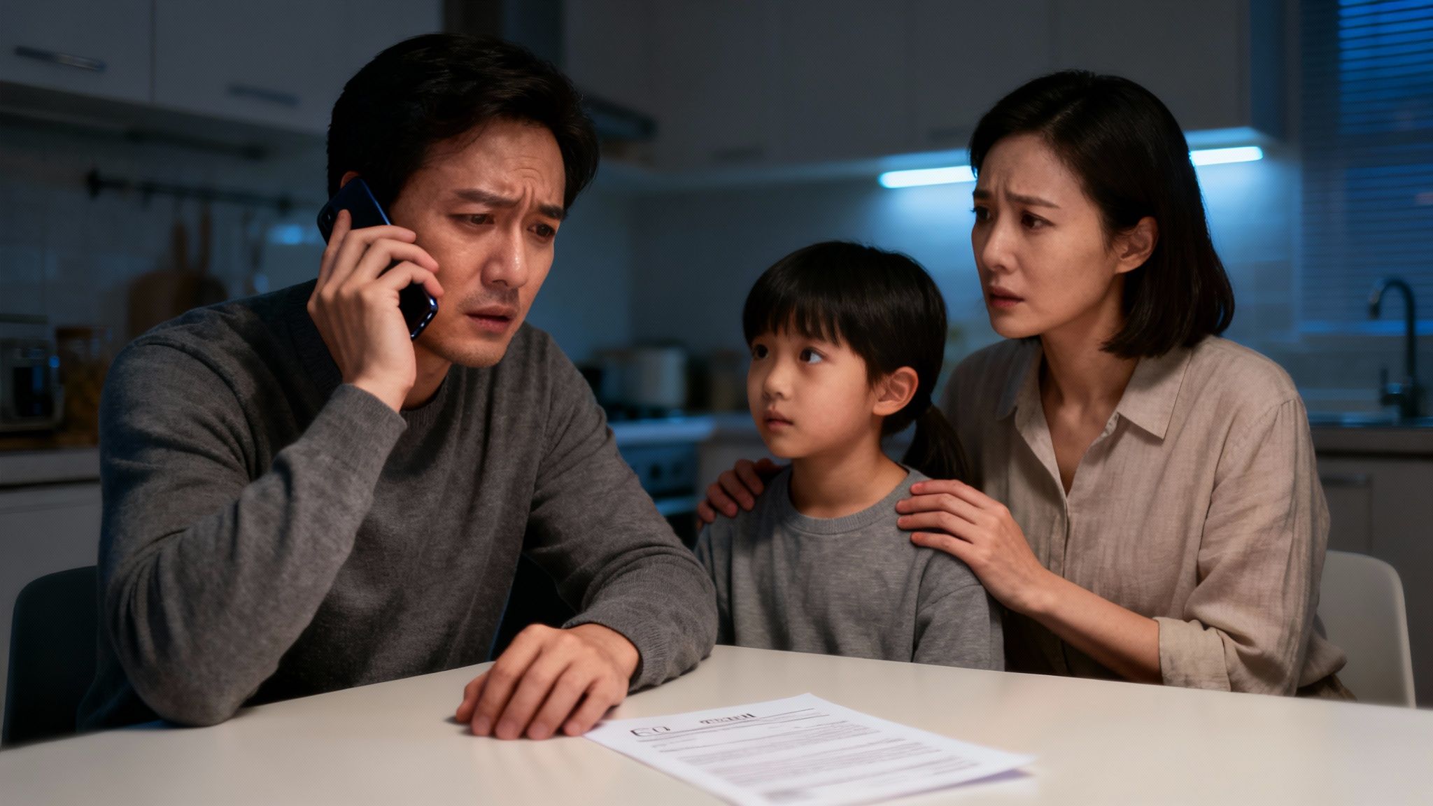 Distressed Asian family at night, father on phone, mother comforting child, serious discussion.