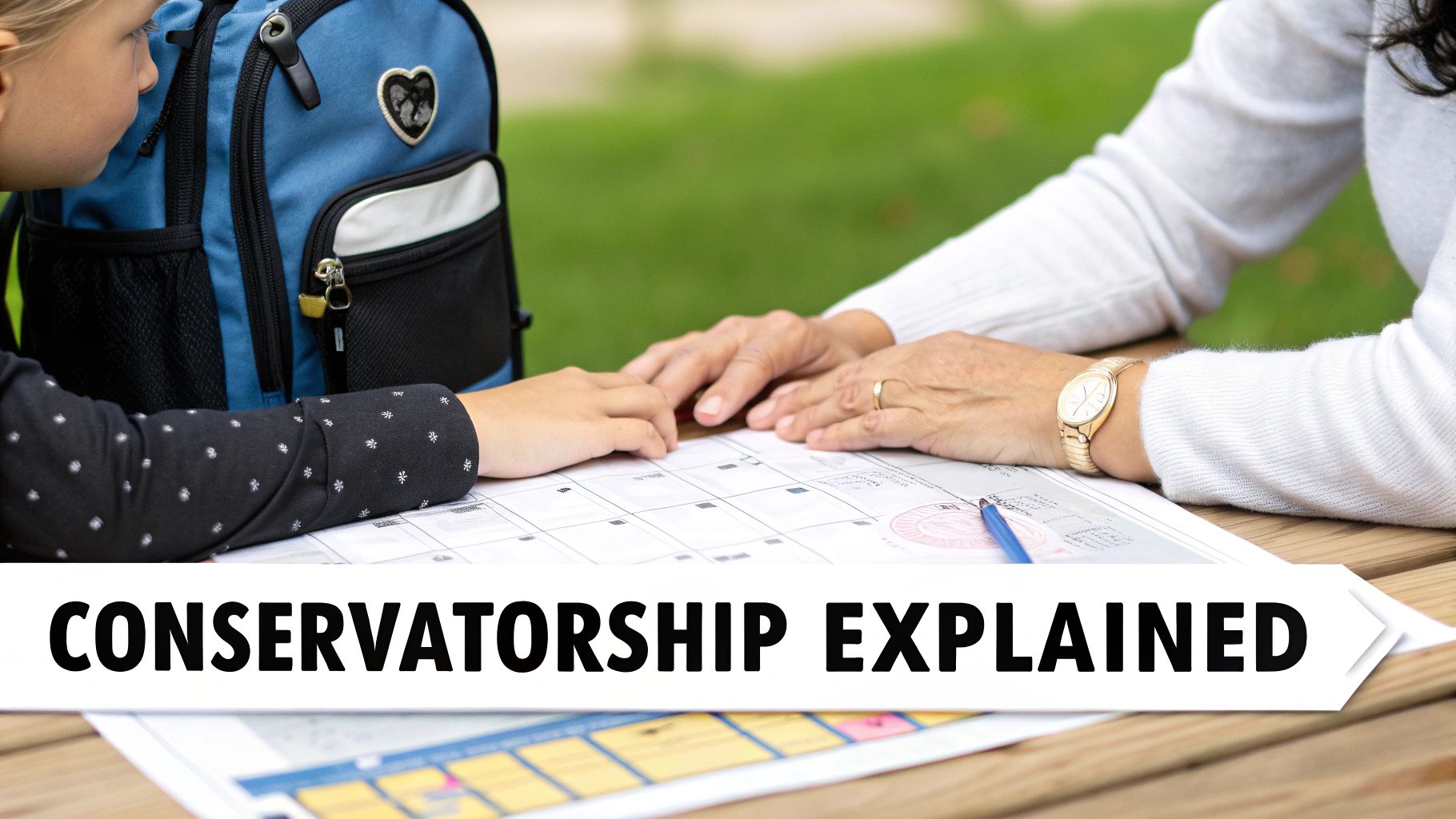 An adult and child review papers at a table, with 'Conservatorship Explained' text overlay.