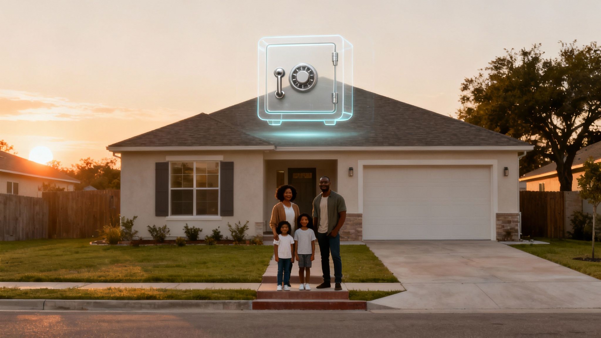 A happy diverse family stands in front of their modern home with a glowing safe icon overhead, symbolizing security.