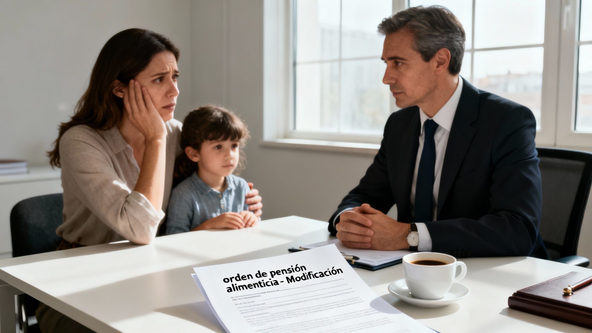 Una madre angustiada y su hijo consultan a un abogado sobre la modificación de la pensión alimenticia.