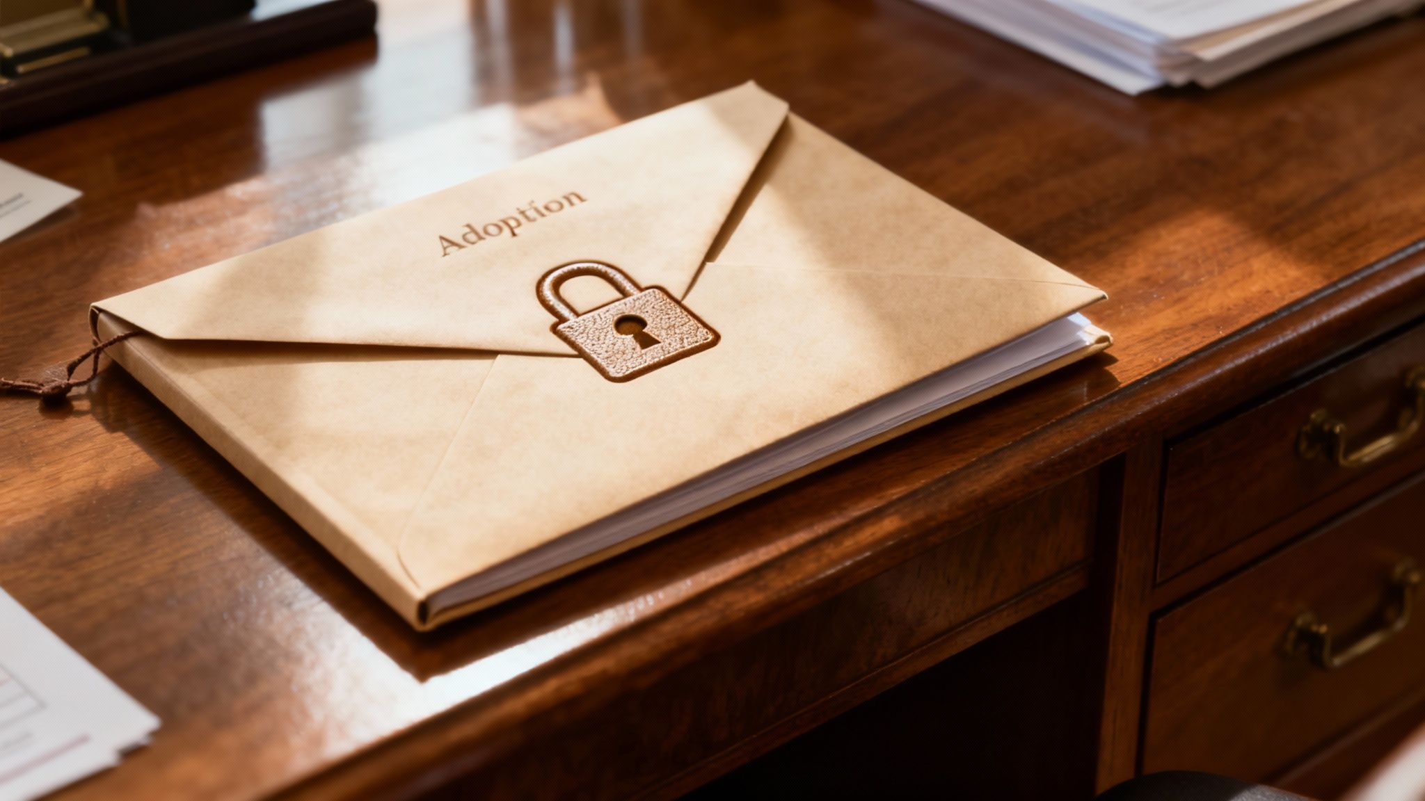 Sealed adoption envelope on a wooden desk, symbolizing privacy and the emotional aspects of closed adoption in Texas.