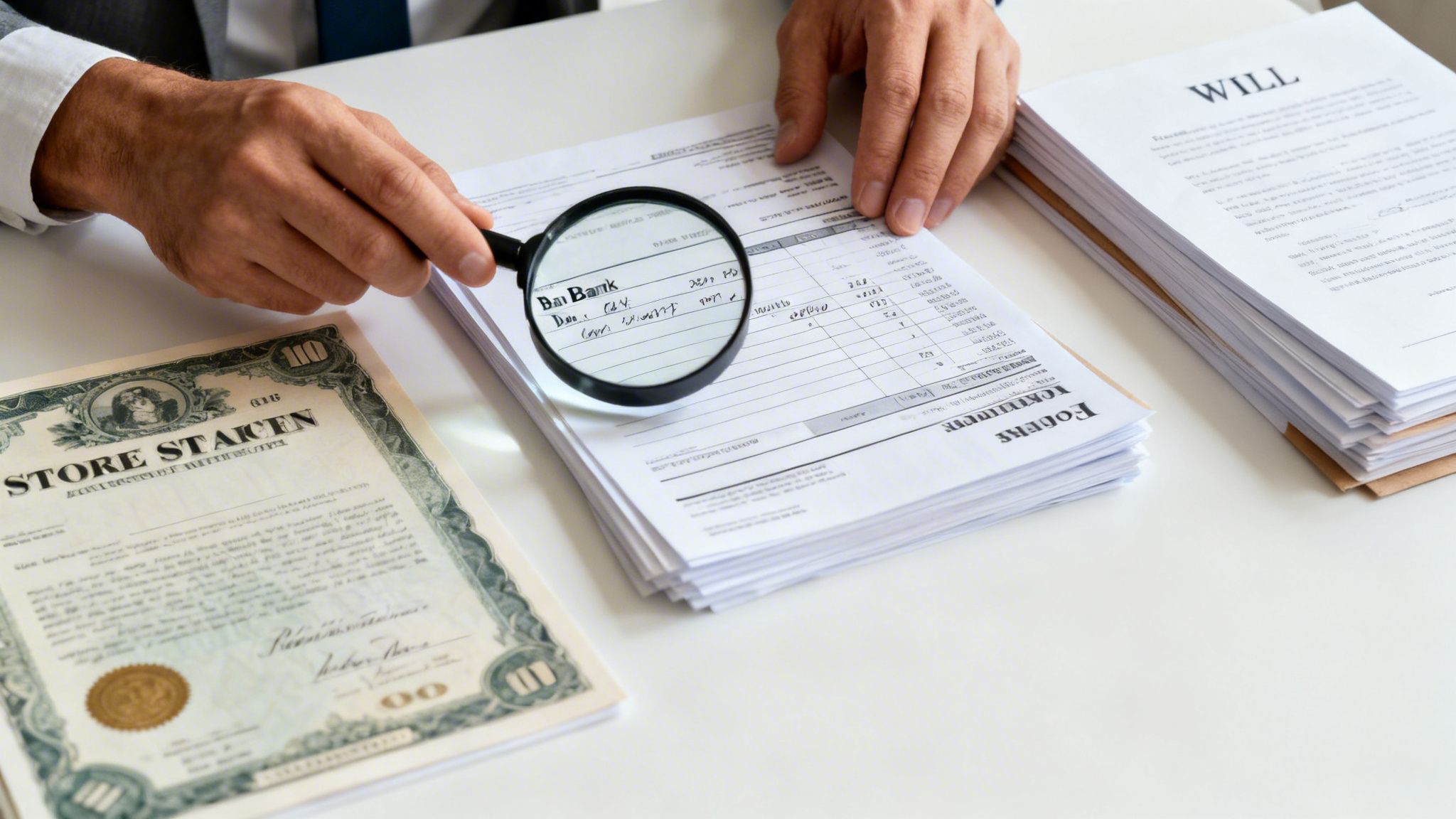 Close-up of a person examining legal and financial documents with a magnifying glass on a white desk.
