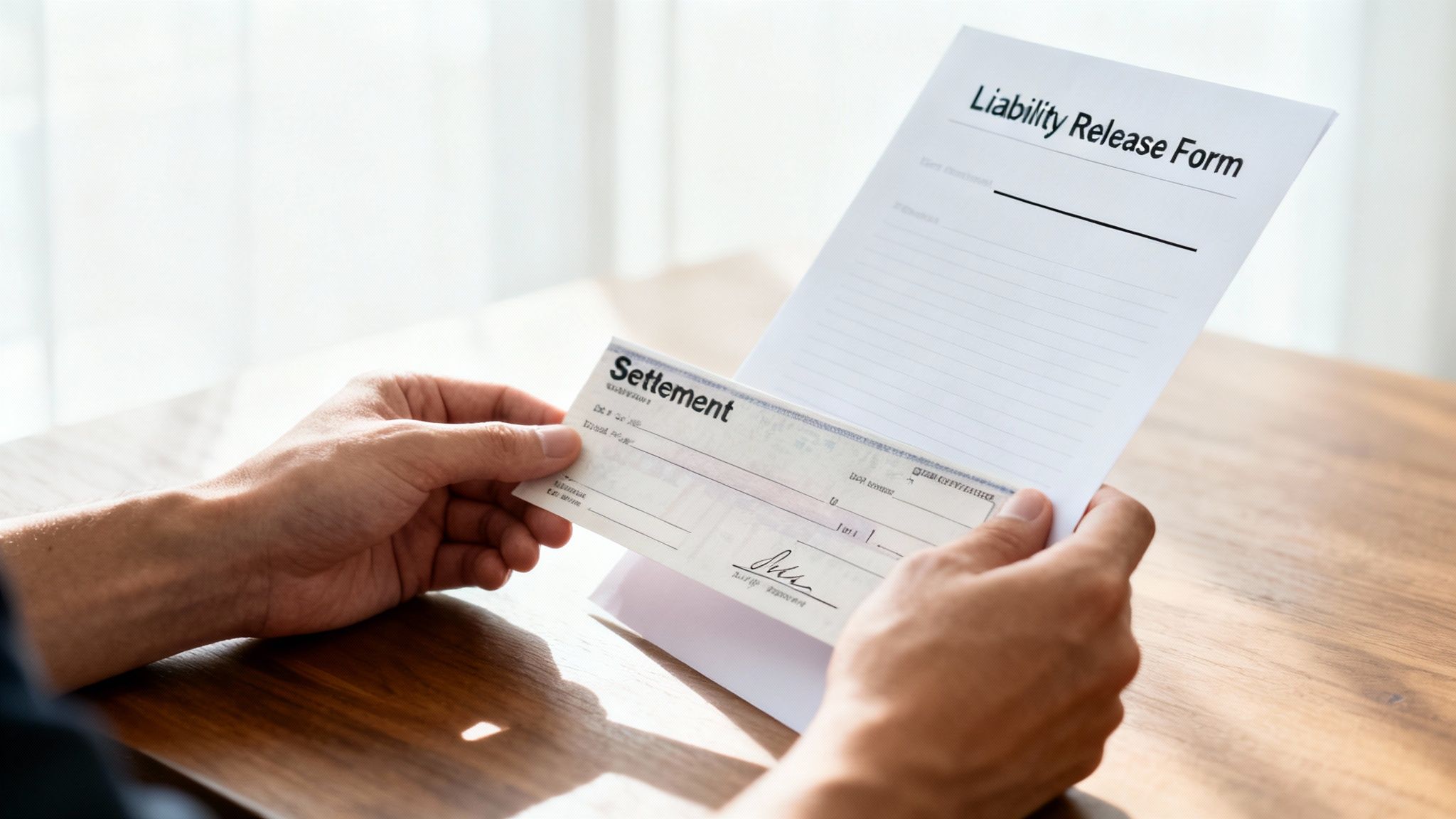 Close-up of hands holding a settlement check and a liability release form on a wooden table.