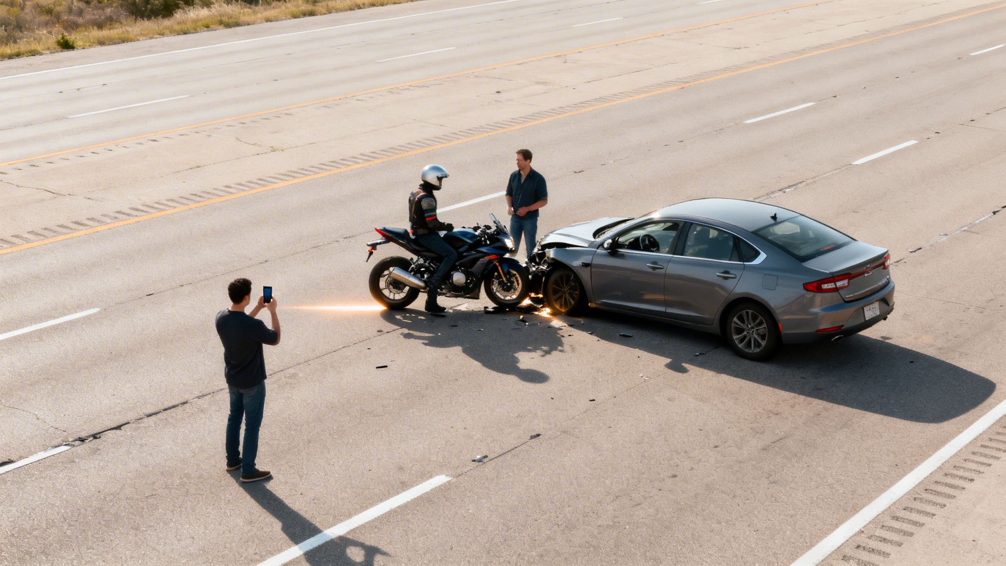 Aerial view of a motorcycle and car accident on a multi-lane highway, with people assessing damage.