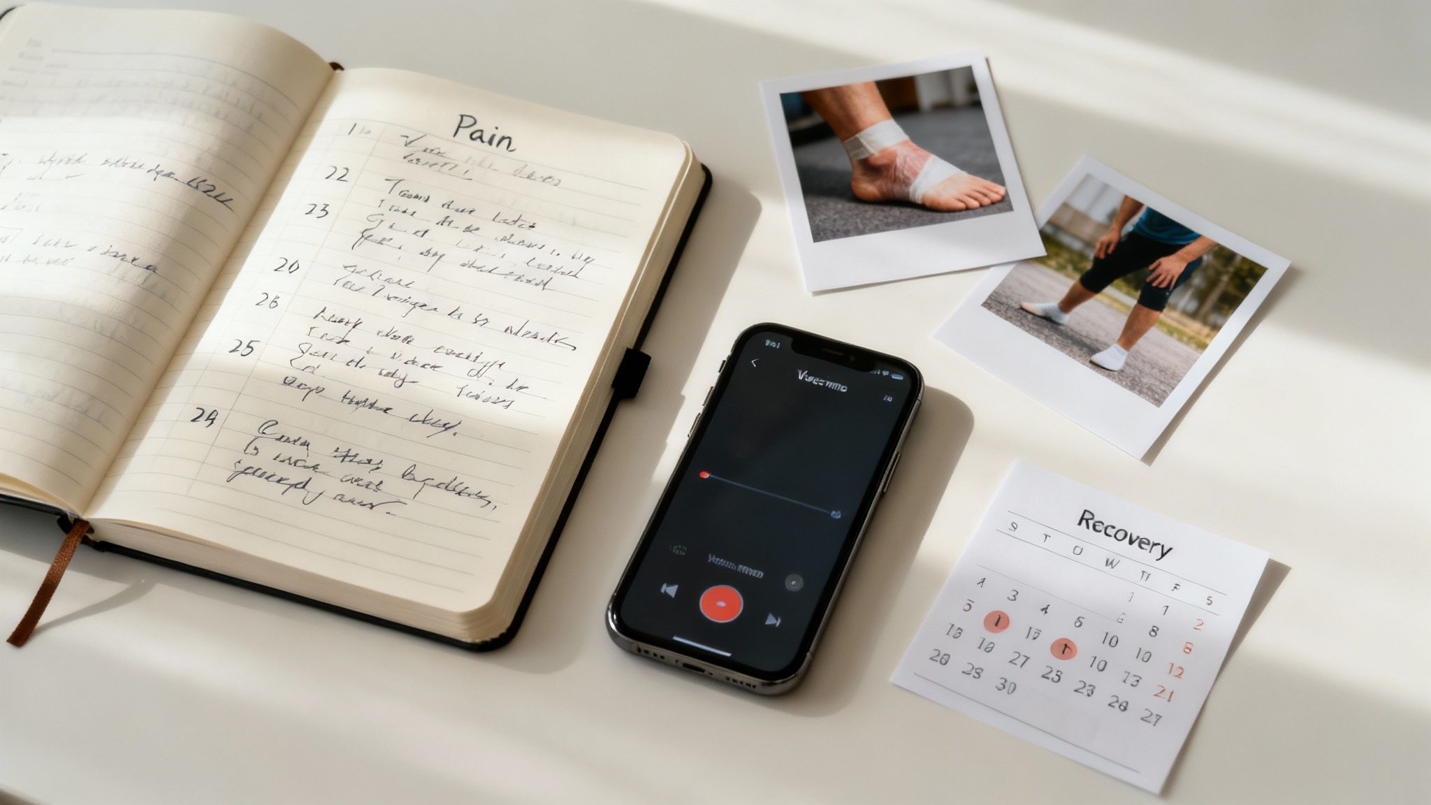 A person journaling at a desk with medical documents nearby.
